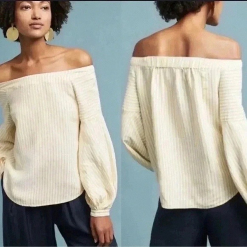 Maeve Cream Off-the-Shoulder Ribbed Balloon-Sleeve Sweater